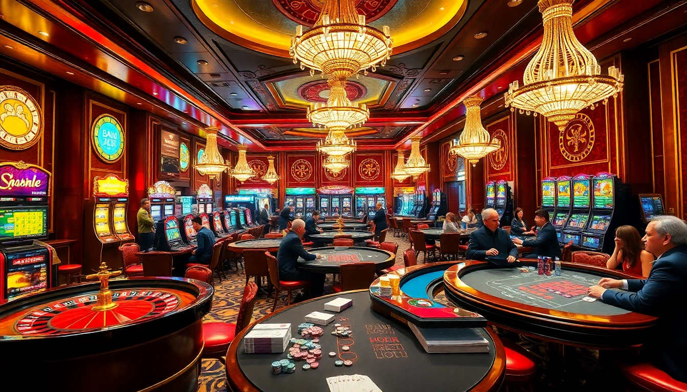Players enjoying a dynamic casino experience at Fb88 with roulette, cards, and vibrant slot machines.