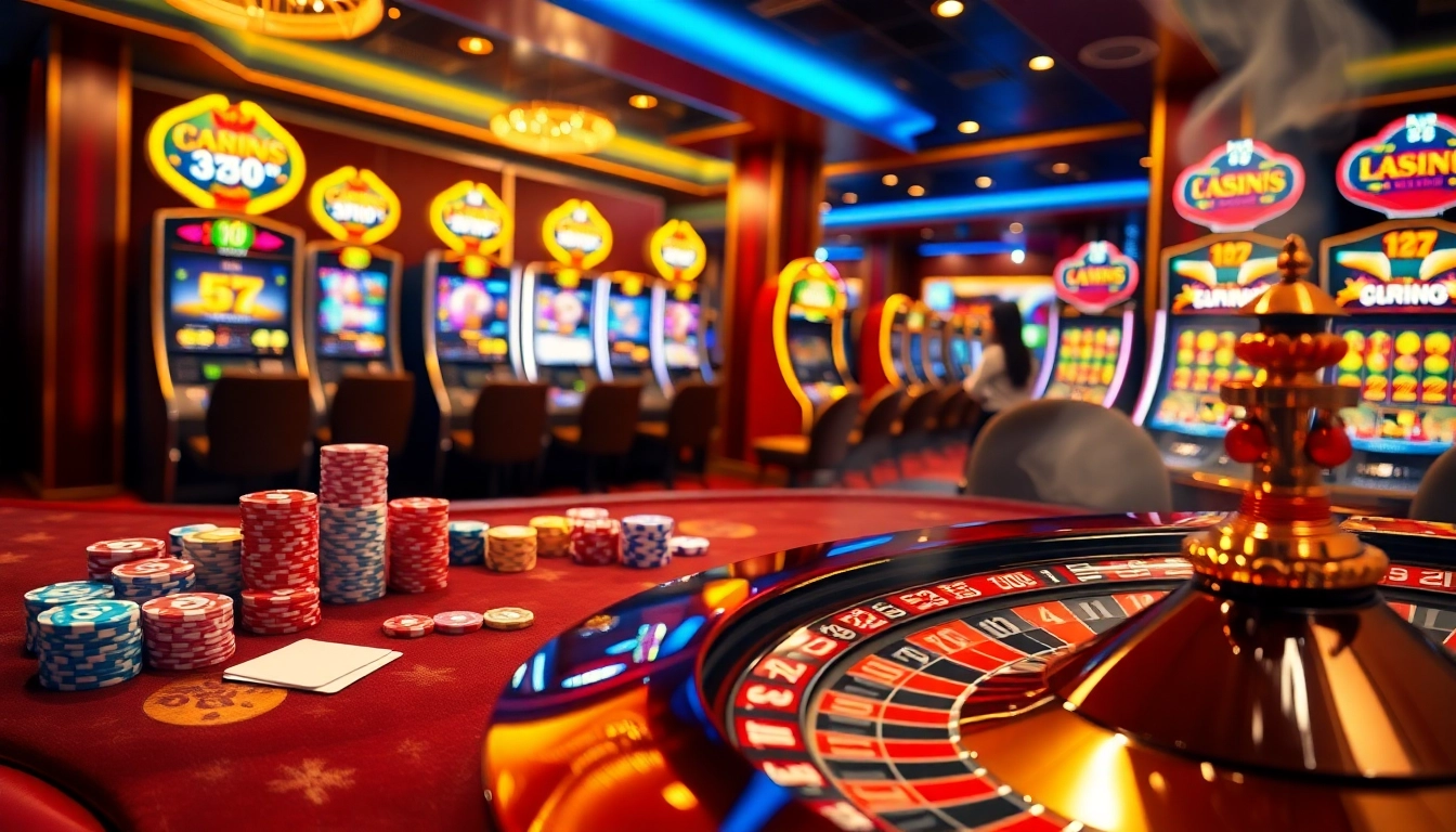 Experience excitement with sky88 at a vibrant casino scene featuring poker chips and roulette.