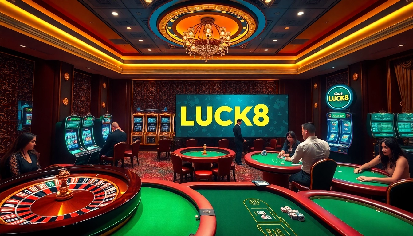 Người chơi đang tận hưởng một trò chơi đầy hồi hộp trong môi trường casino sang trọng của LUCK8, với roulette và máy đánh bạc.