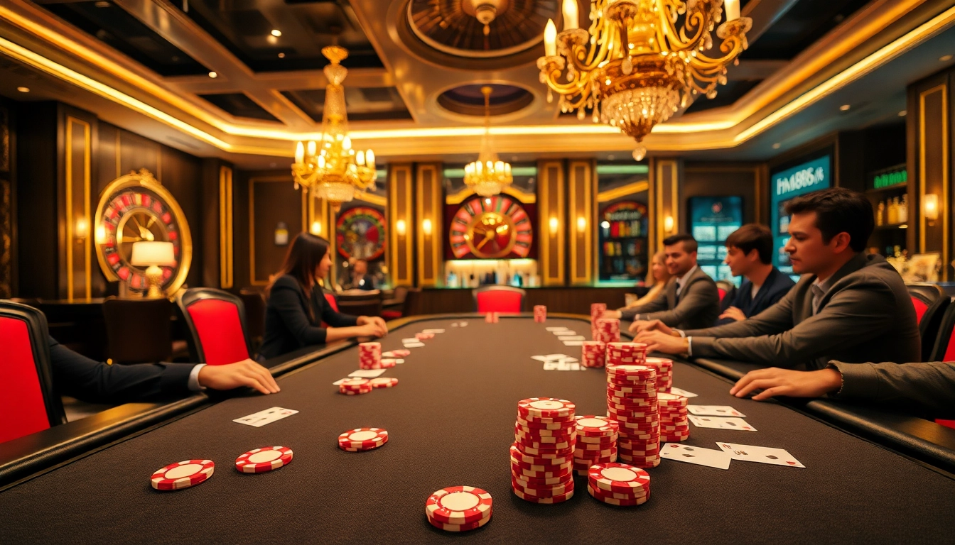 Experience adrenaline in a luxurious casino scene showcasing hm88-themed poker chips and cards.