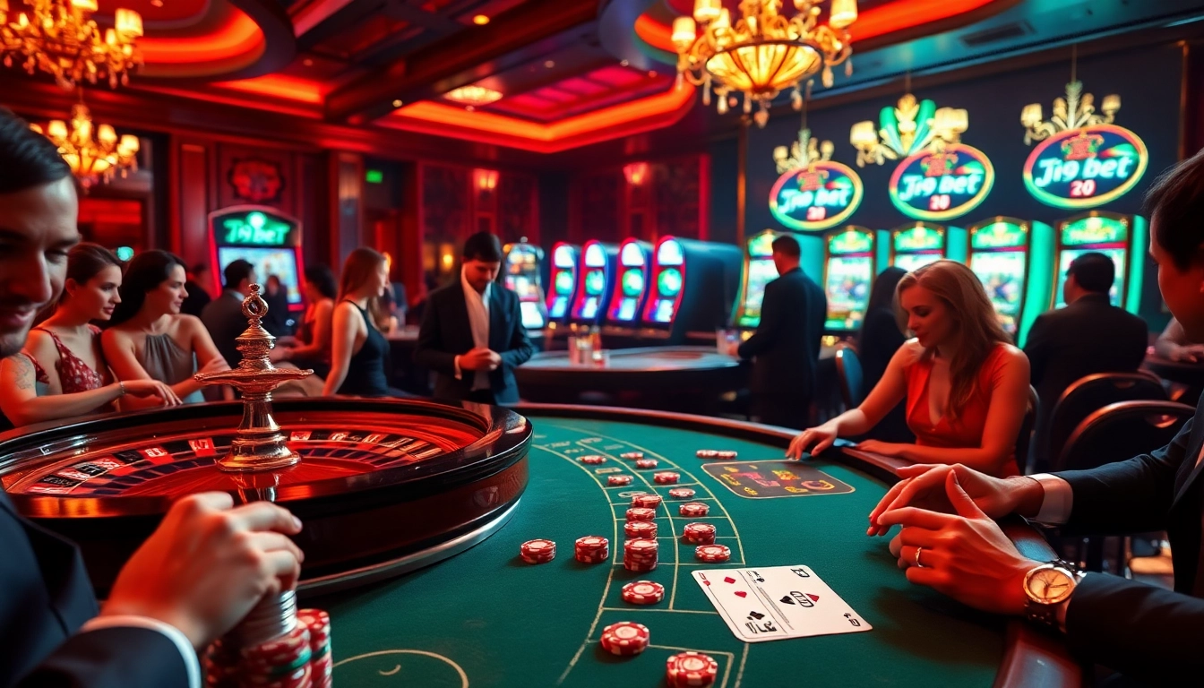 High-stakes gameplay showcasing i9bet poker chips and a roulette wheel in a luxury casino setting.