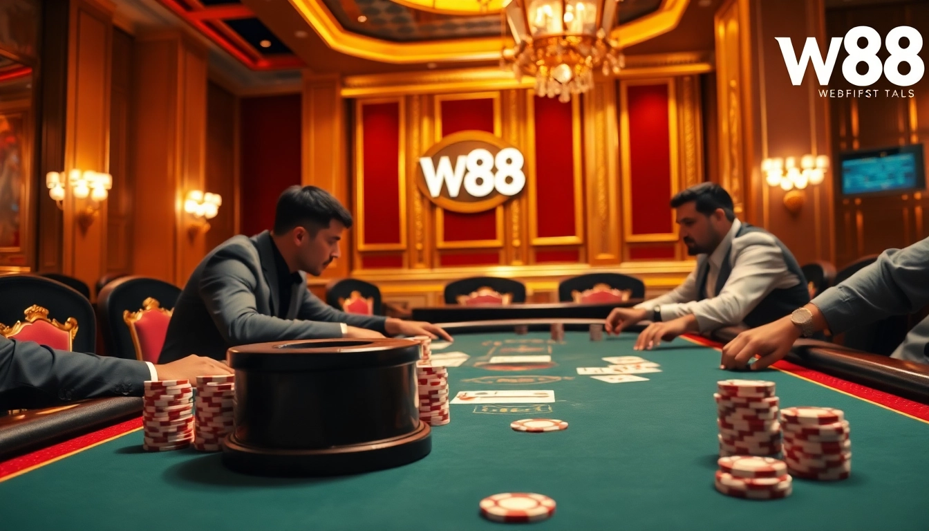 High-stakes poker table scene showcasing W88 brand elements with players in action.