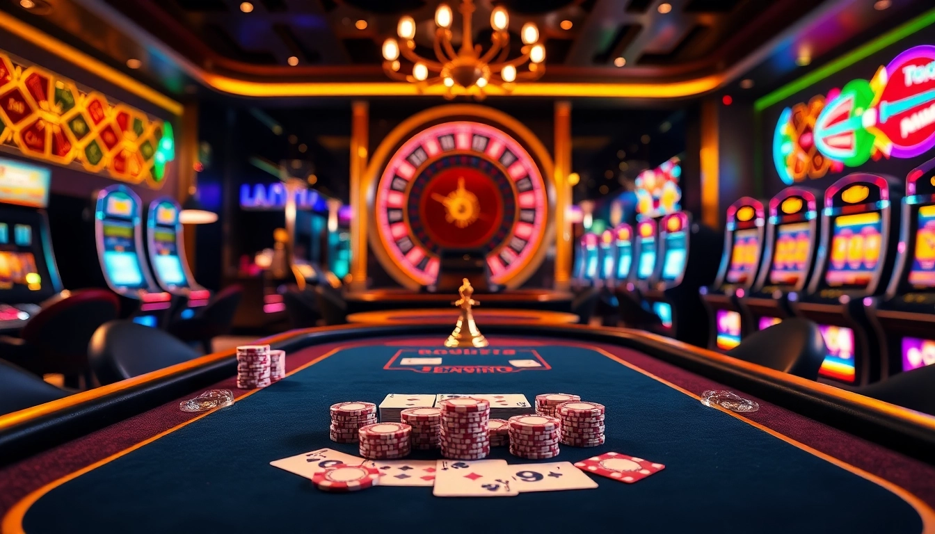 Experience the thrill of poker at hay.win with an enticing casino scene featuring vibrant tables and luxurious décor.