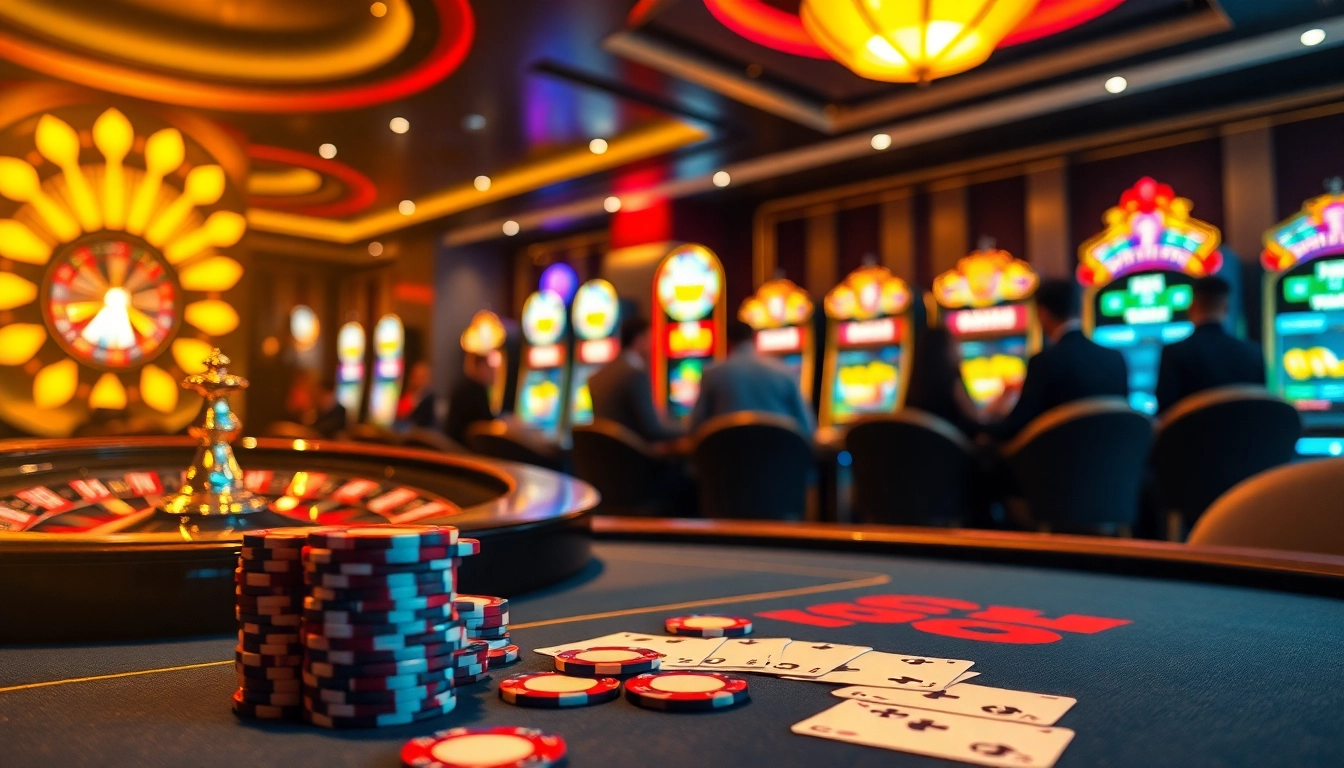 Experience the excitement of https://tr88in.com/ with players at a high-stakes poker table amid vibrant casino visuals.