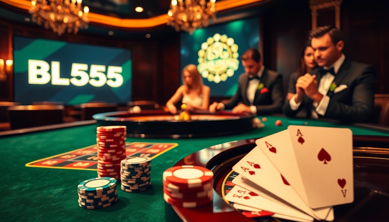 Experience thrilling gameplay at BL555's luxurious casino with poker chips and roulette.