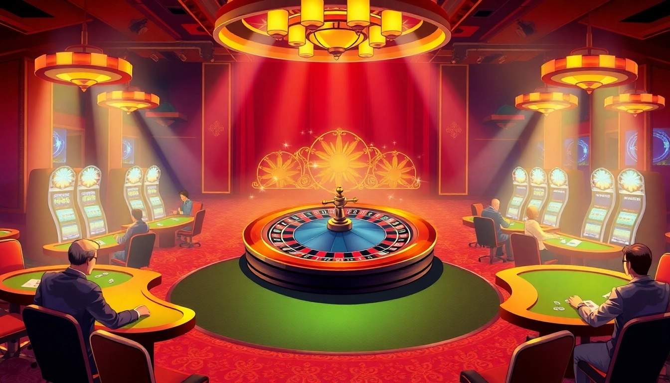 Exciting gameplay at a luxurious xin88 casino featuring roulette, poker, and flashing slot machines.