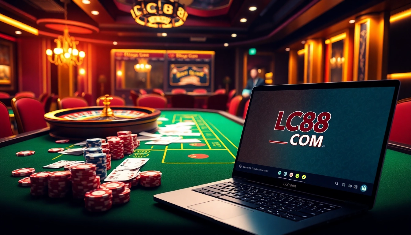 Experience the thrill of online gambling with LC88 COM's vibrant casino scene featuring roulette and poker.