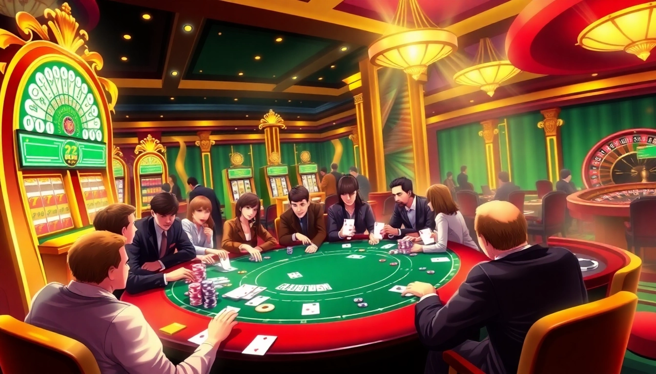 Experience thrilling gameplay at https://33win.services/ with a lively casino poker table surrounded by players.