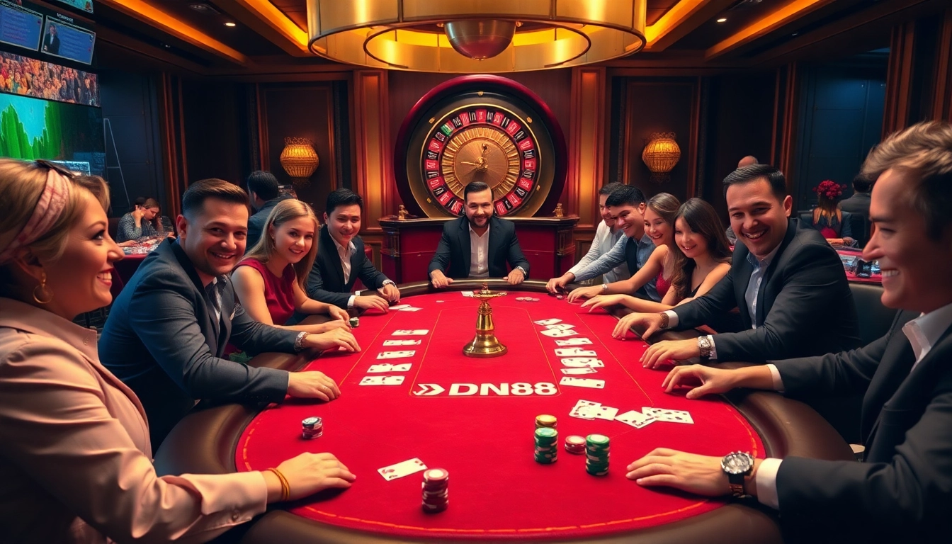 Experience thrilling poker gameplay at DN88, featuring vibrant poker chips and an elegant casino table.