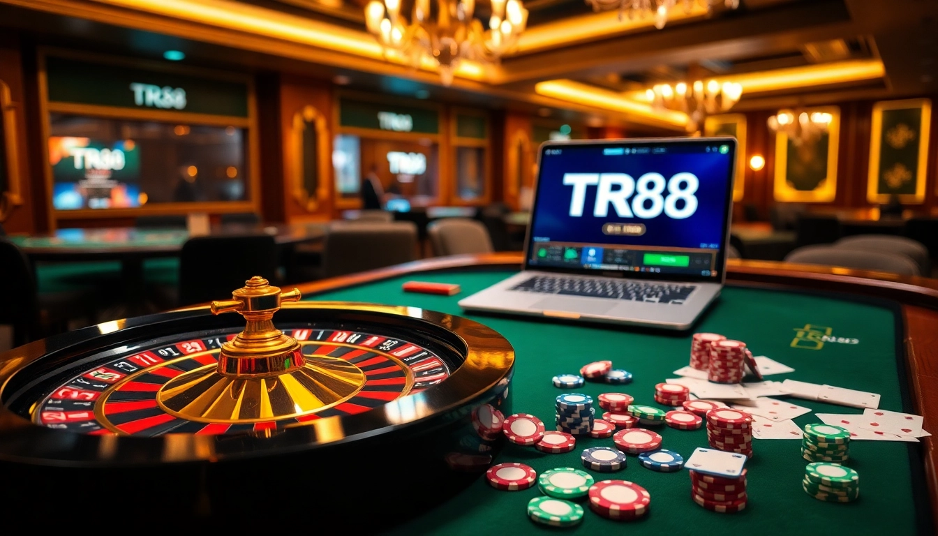 Experience the thrill of TR88 with vibrant casino elements and online gaming visuals.