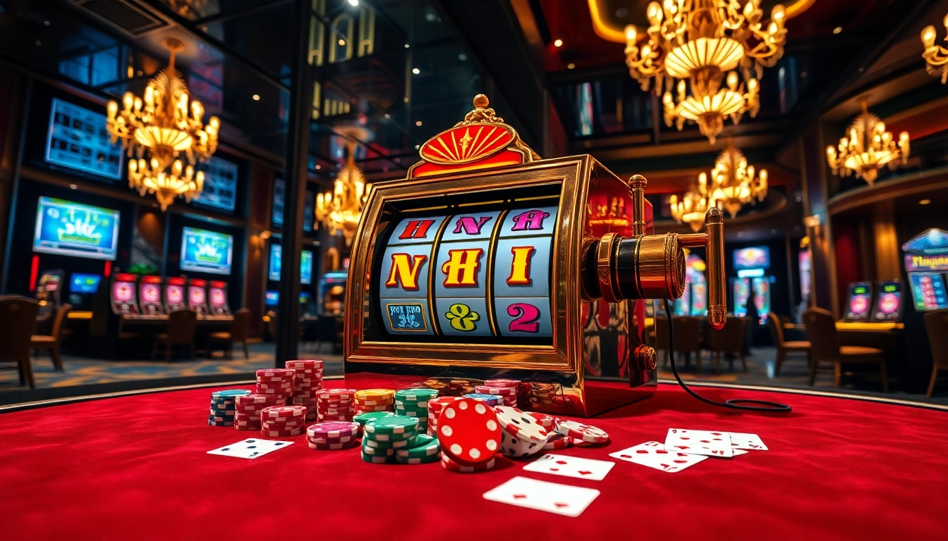 Pulsating slot machine featuring nổ hũ with chips and cards in a luxurious casino scene.