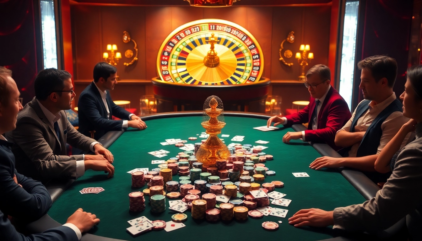 32Win players engage in exciting poker games at a vibrant casino table with colorful chips.