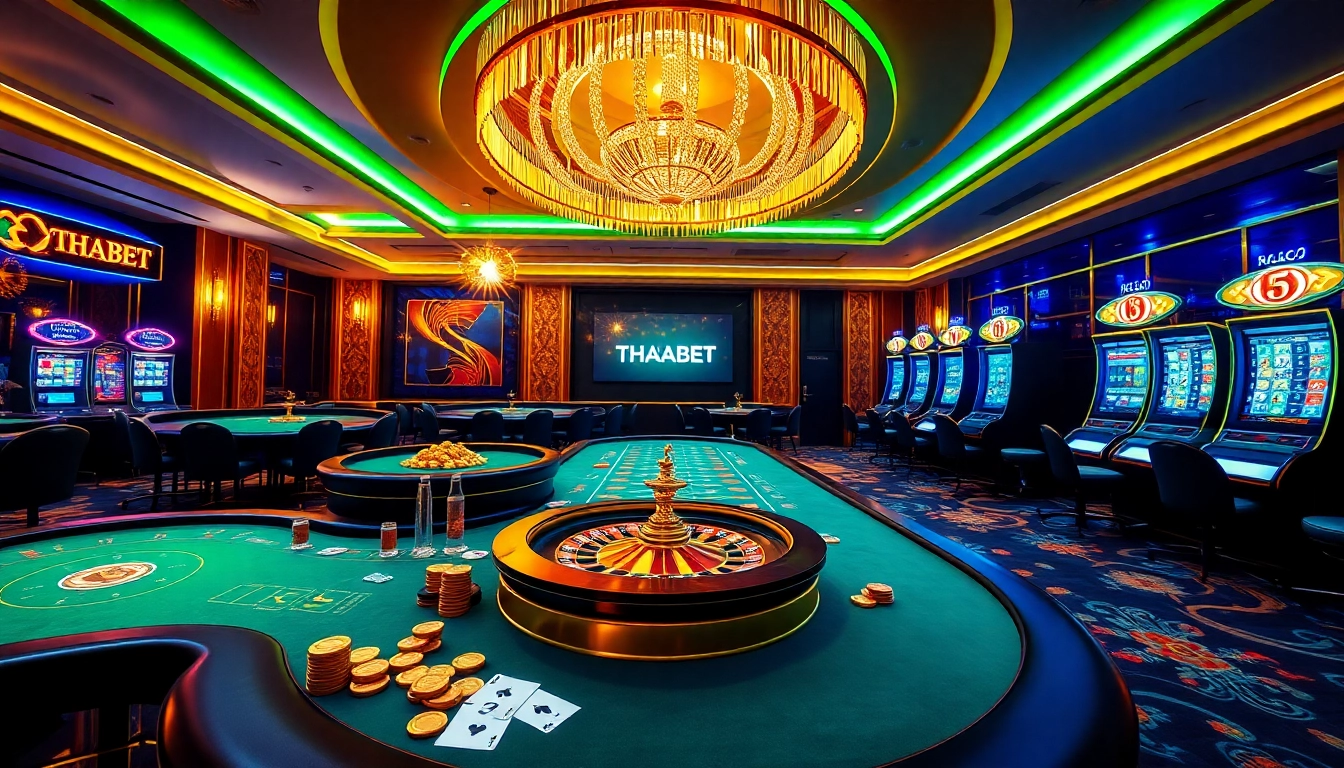Experience the thrills of betting at thabethome.com with a vibrant casino scene featuring poker and roulette.