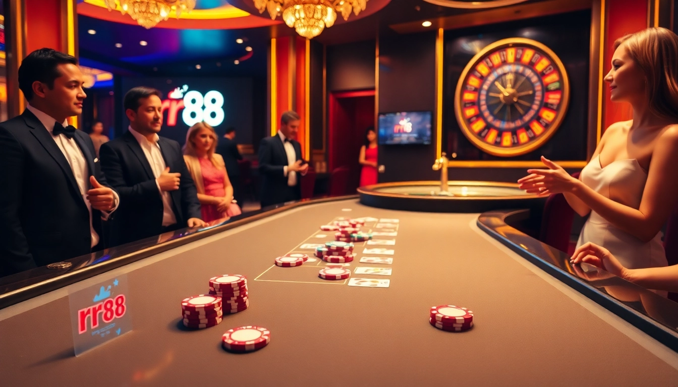 Participate in the thrilling rr 88 casino experience with poker chips and cards on a rich poker table.