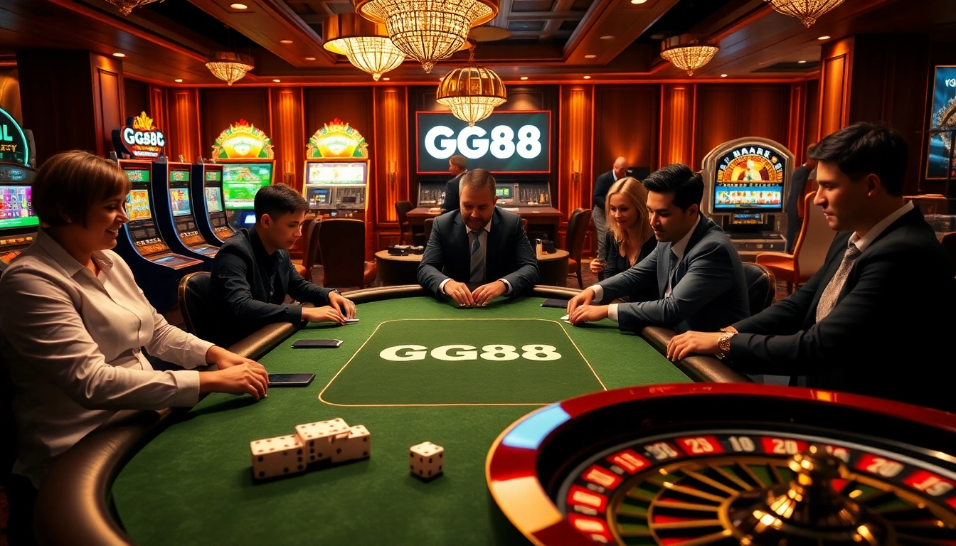 Players enjoy thrilling poker action at GG88's luxurious casino table ambiance.