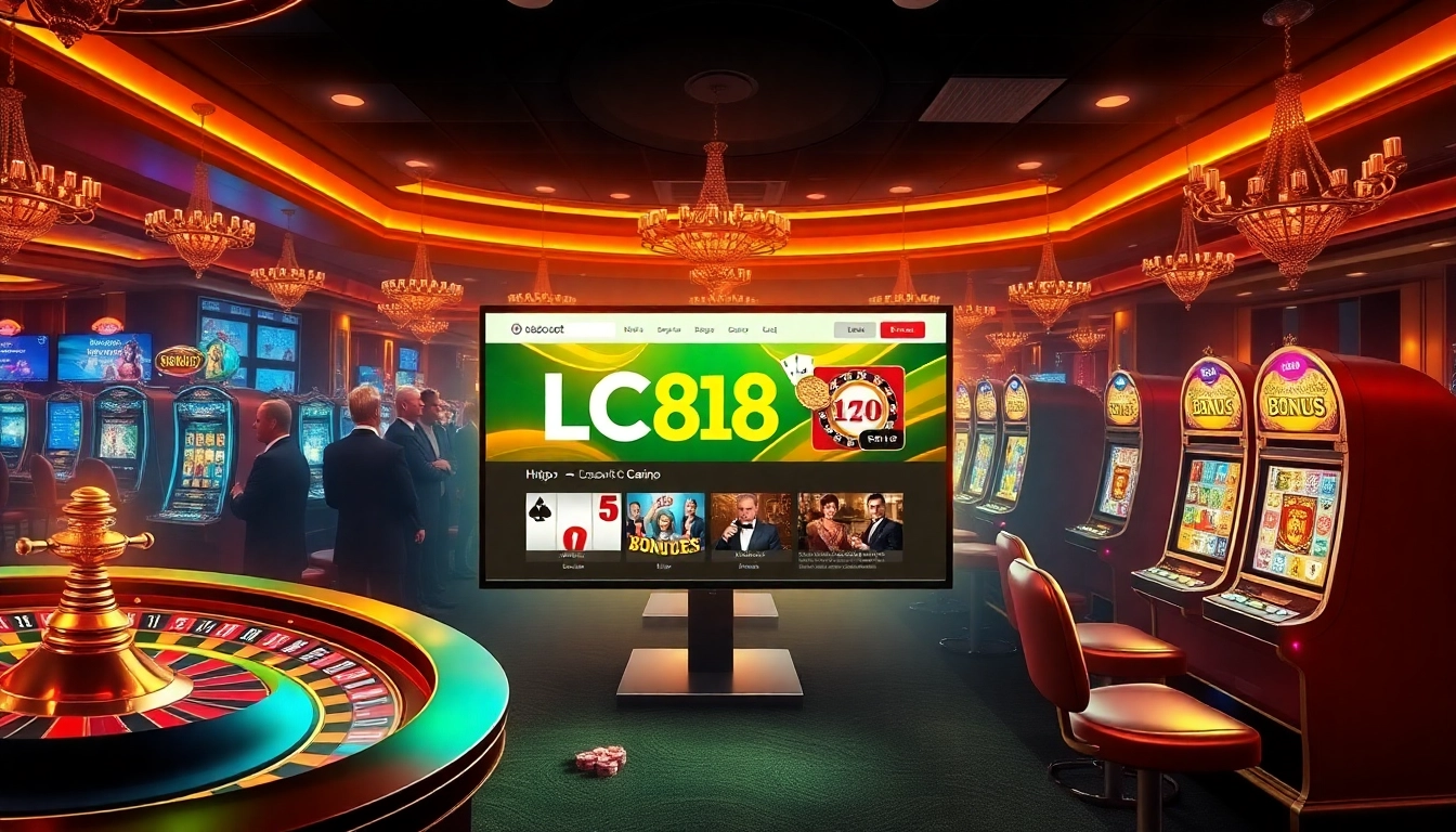 A thrilling casino scene showcasing online gambling excitement at https://lc88pro.com/ with glimmering slot machines and poker chips.