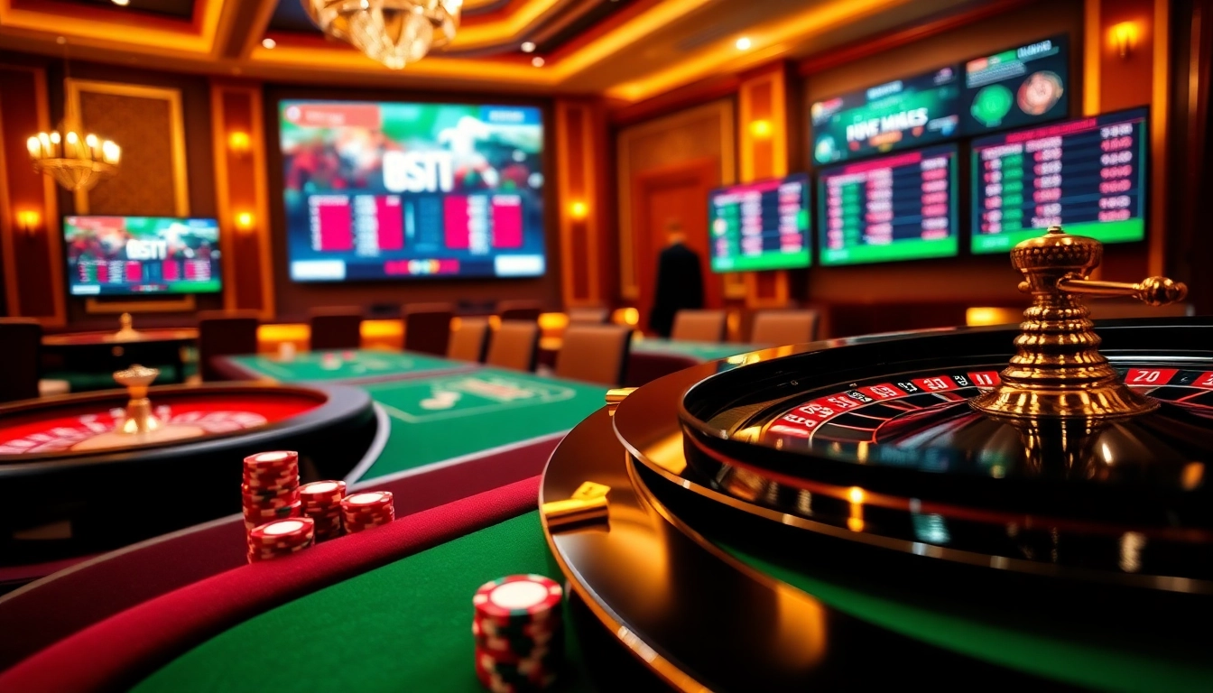 Experience the excitement of gaming at hm88 with vibrant poker chips and a stylish roulette wheel.