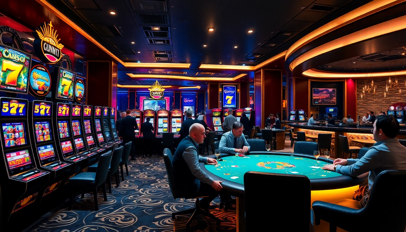 Experience the vibrant atmosphere of sunwin gaming with luxurious casino scenes featuring players and elegant decor.