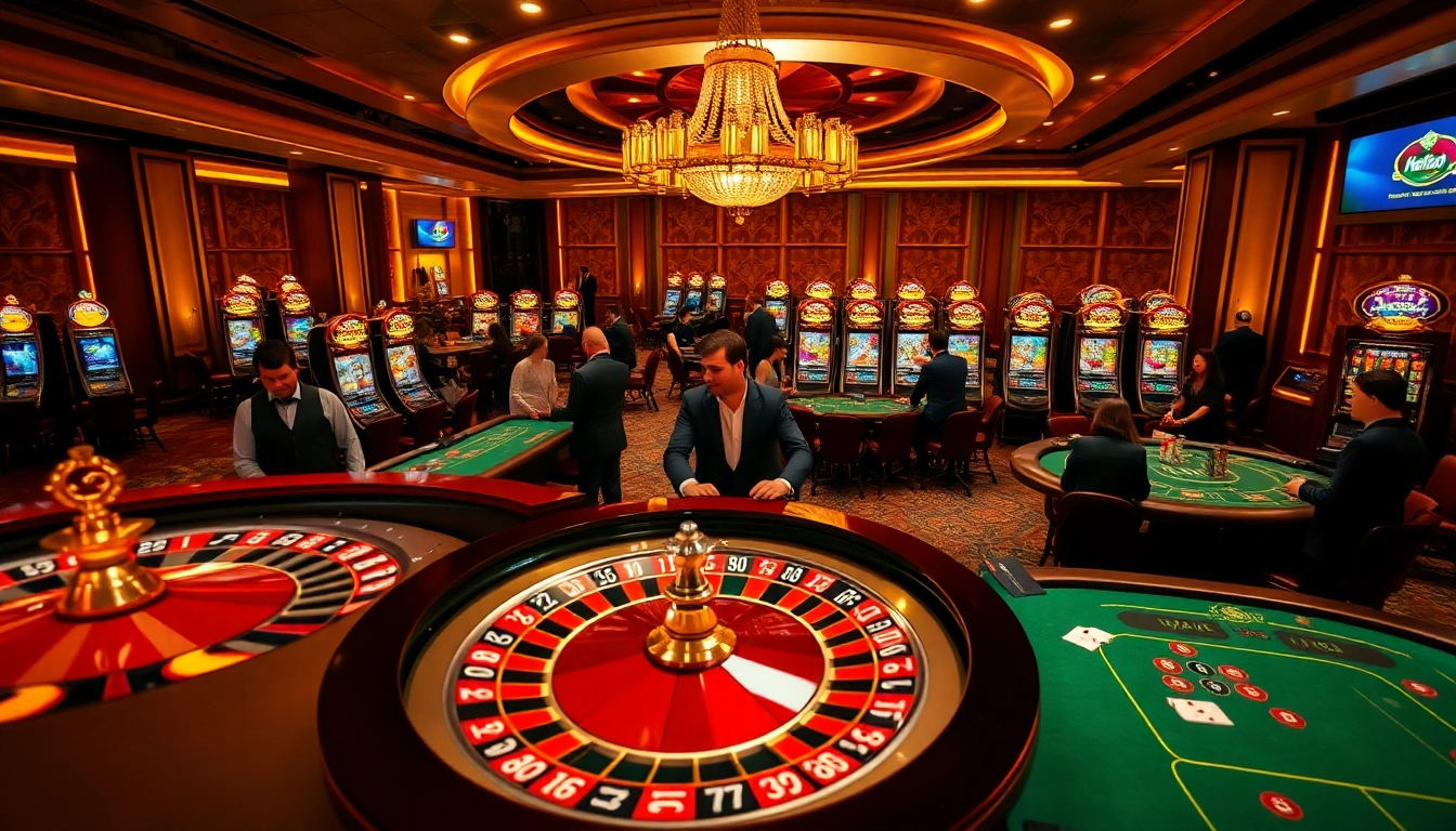 hello88 chip stacks and players strategizing at a luxury casino table.