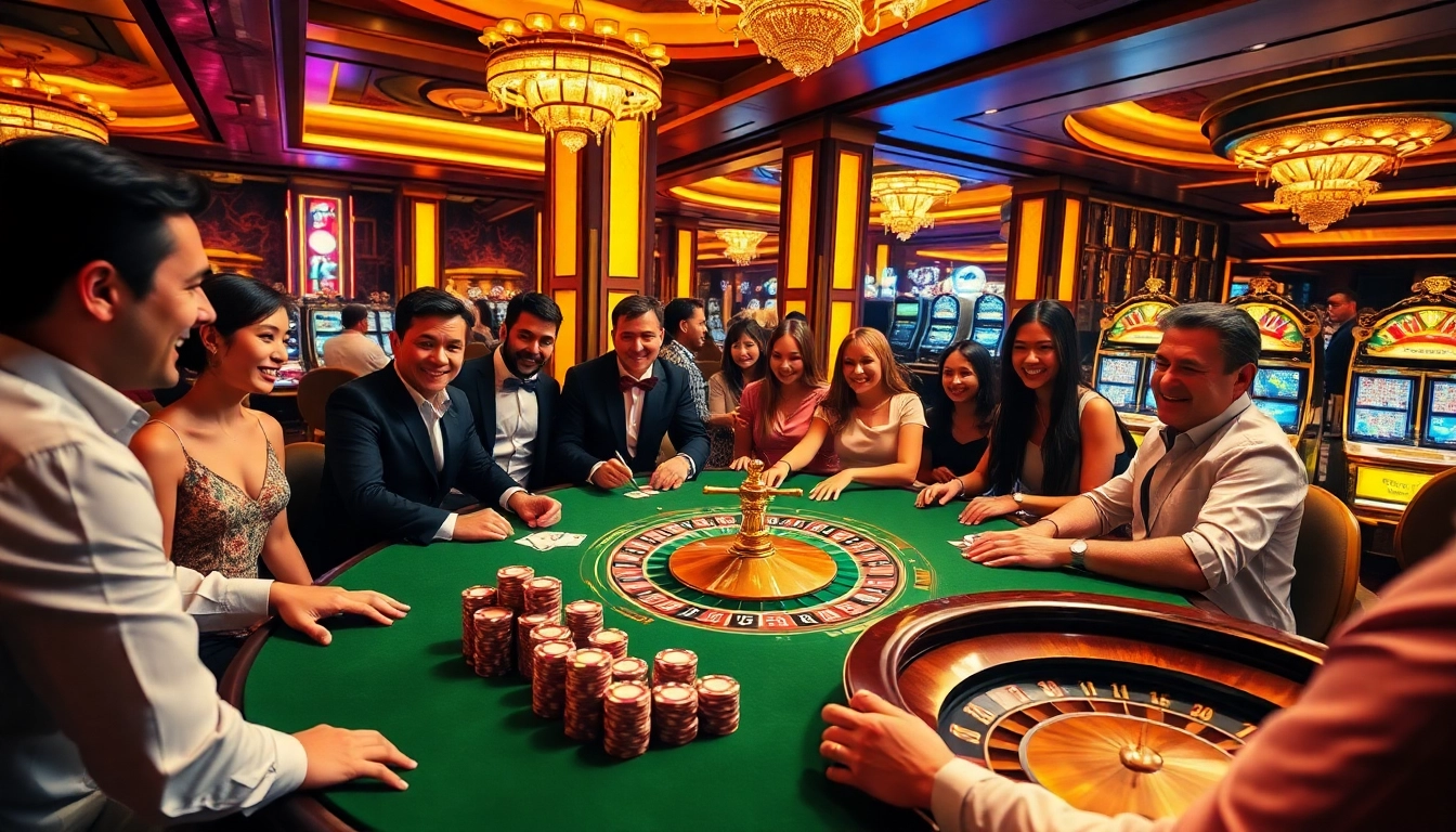Players enjoy game bài đổi thưởng at an elegant casino table filled with chips and cards.