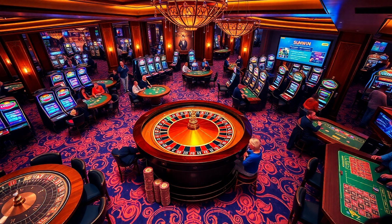 Sunwin casino players enjoying thrilling games at an elegant gambling venue.