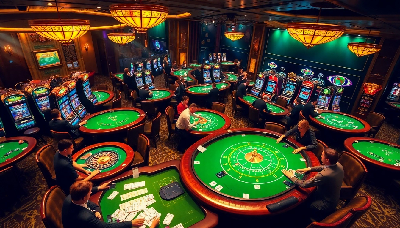 Gamblers enjoying a lively game at 789club casino tables with colorful slots and betting slips.