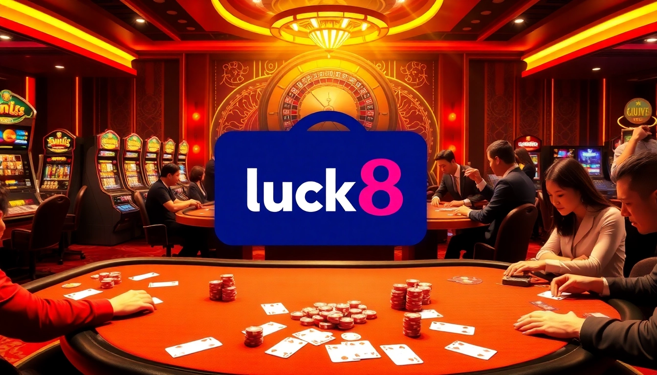 Engaging scene of players at Luck8 casino tables, highlighting excitement and gambling action.