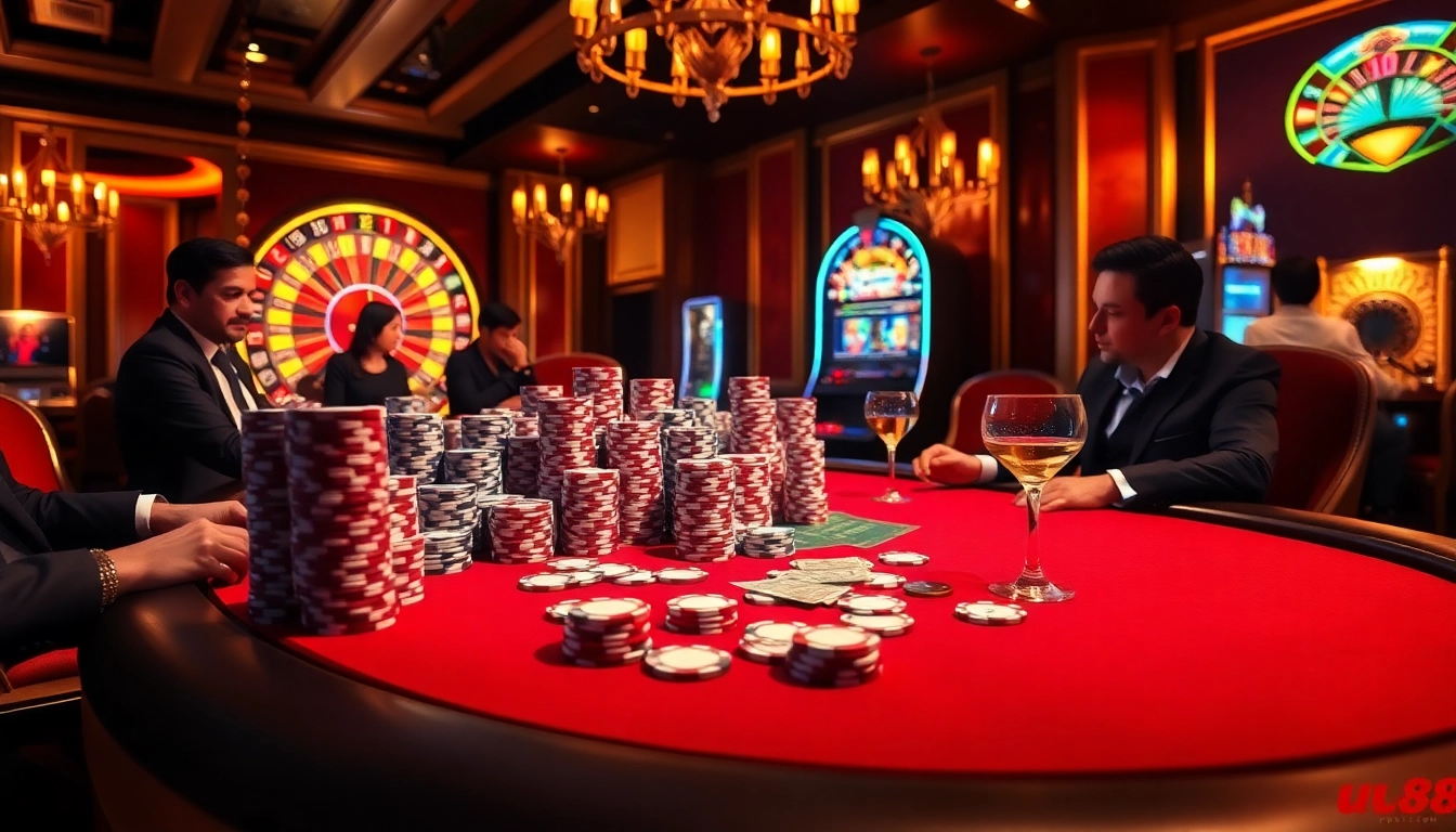 Experience high-stakes excitement with uu88. com in this vibrant casino scene featuring poker and roulette.