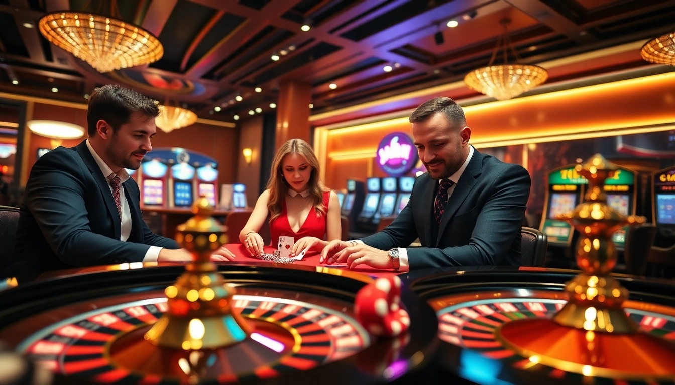 Experience thrilling online gambling at https://xo88hi.com/ with vibrant casino scenes featuring poker and roulette.
