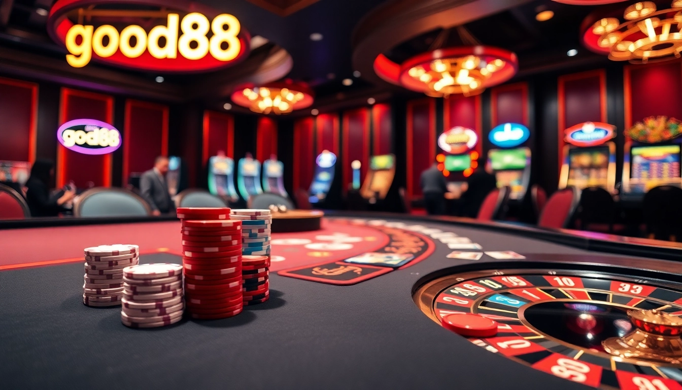Experience the thrill of the game at good88's luxurious casino setting featuring poker tables and roulette wheels.