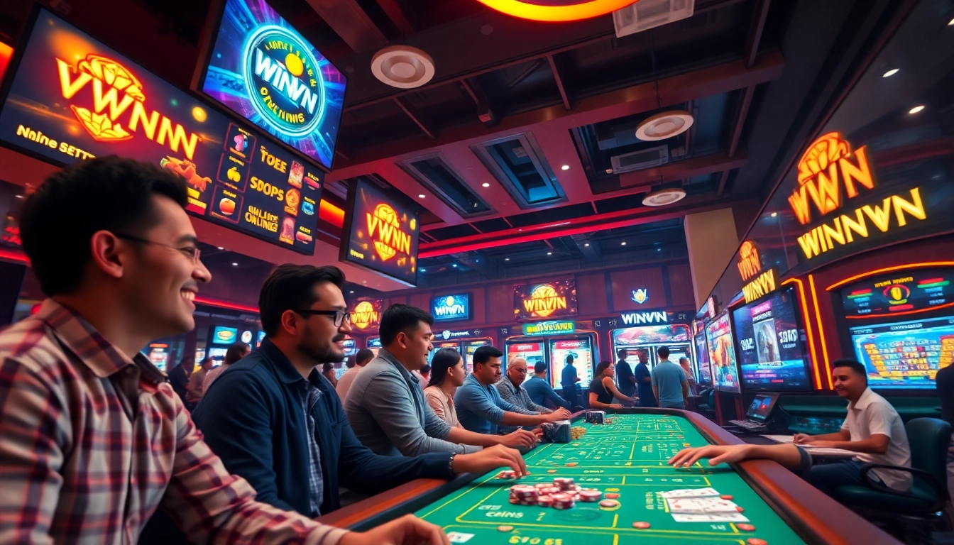 Vibrant scene of WINVN88.live online casino with players enjoying digital games.