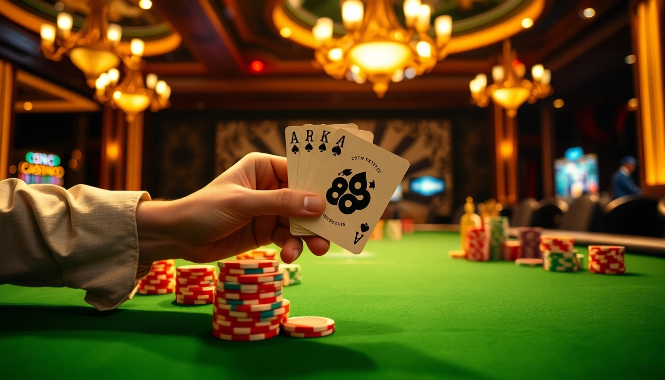 Winning poker hand displayed with TR88 cards at a luxurious casino table.