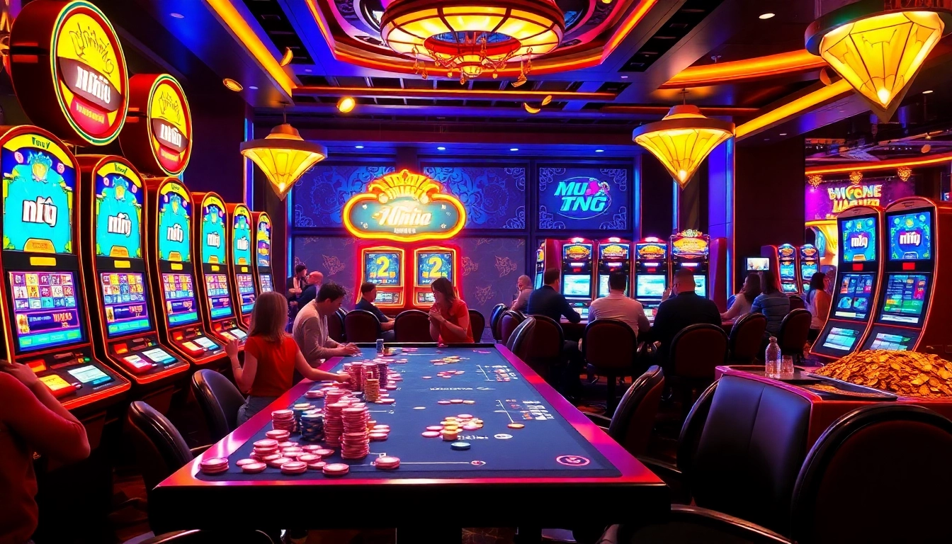 Playing nổ hũ at a luxurious casino with vibrant slot machines and excited players.