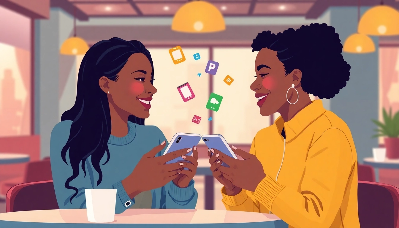 Couple engaging with the OKFUN dating app in a vibrant café, illustrating inclusivity and fun.