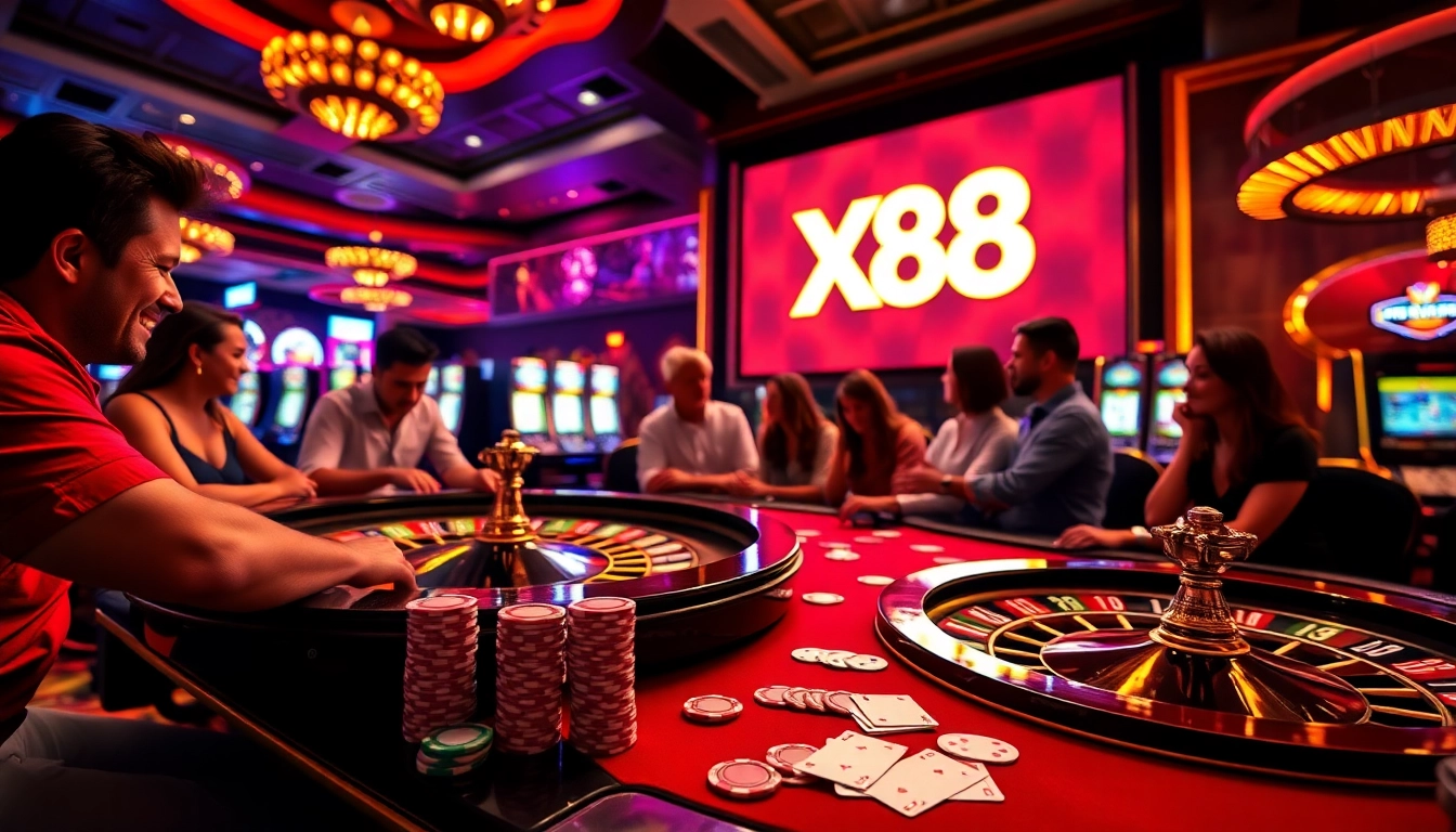 X88 casino scene with vibrant gaming table, roulette wheel, and poker excitement.