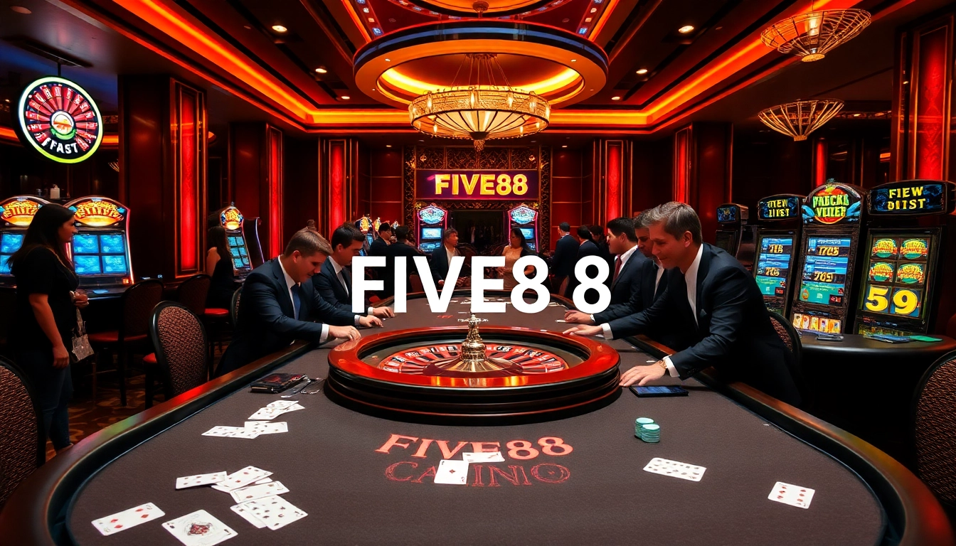 Players enjoying a thrilling casino experience at FIVE88 with vibrant table games and slot machines.