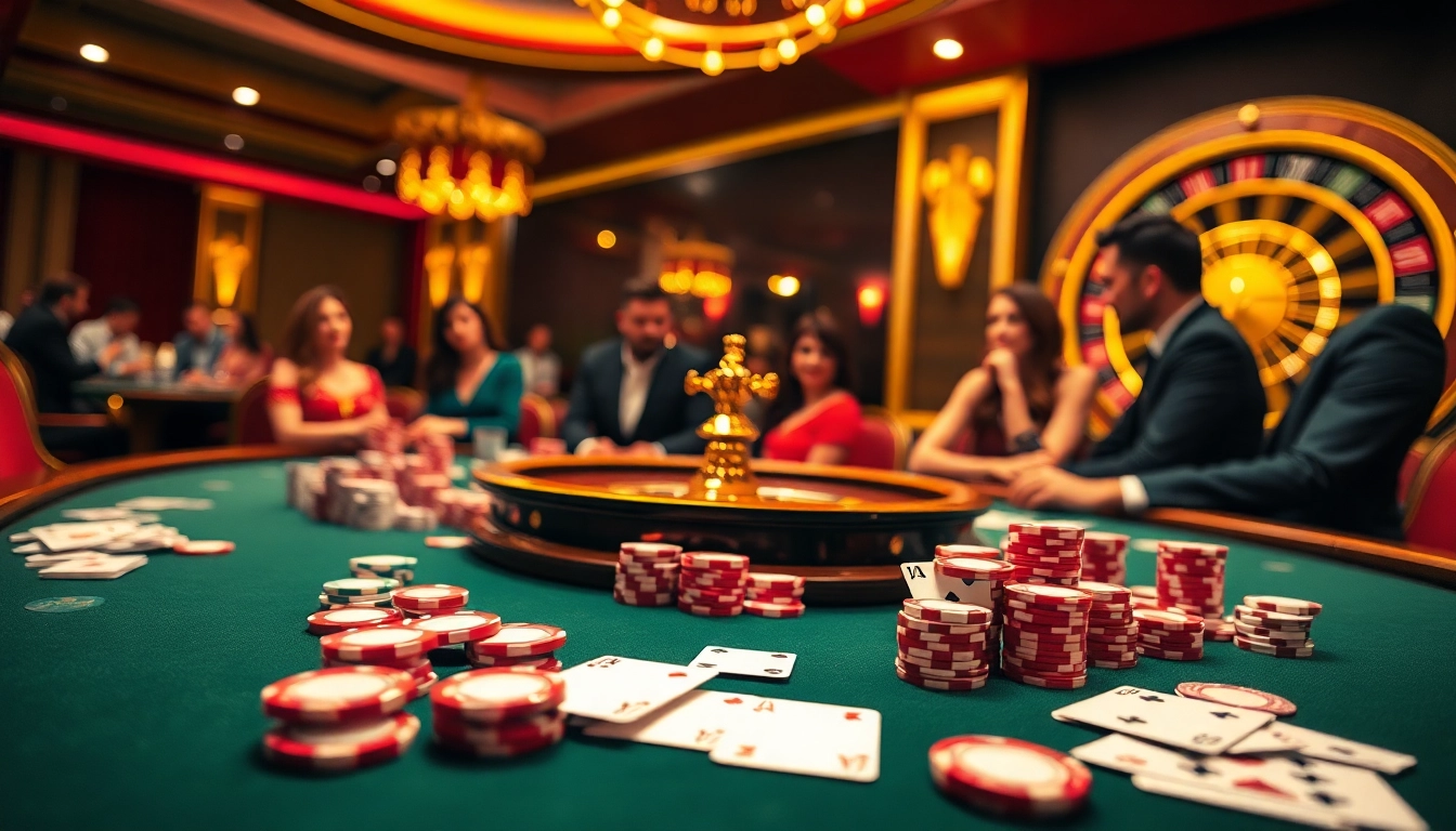 LUCK8 casino scene with vibrant poker chips and a spinning roulette wheel, symbolizing excitement in gambling.