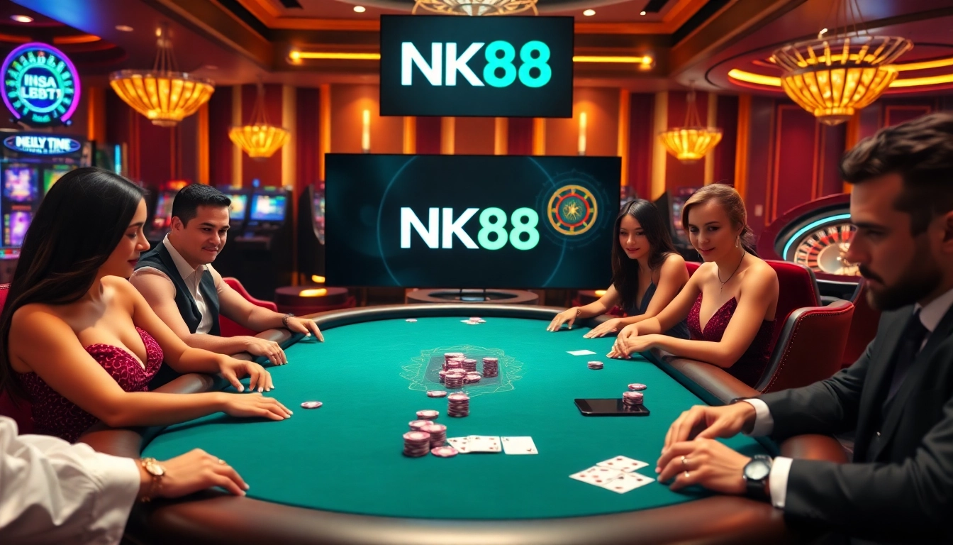Experience excitement at the NK88 poker table with vibrant chips and eager players.