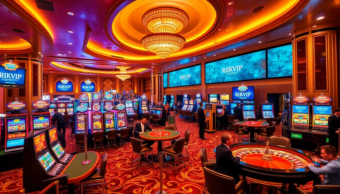 Players experiencing excitement at RIKVIP casino tables with vibrant gaming elements.