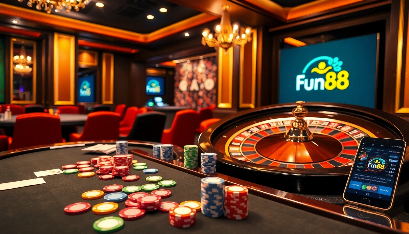 Experience thrilling gameplay at Fun88's vibrant casino scene with rich poker tables and roulette wheels.