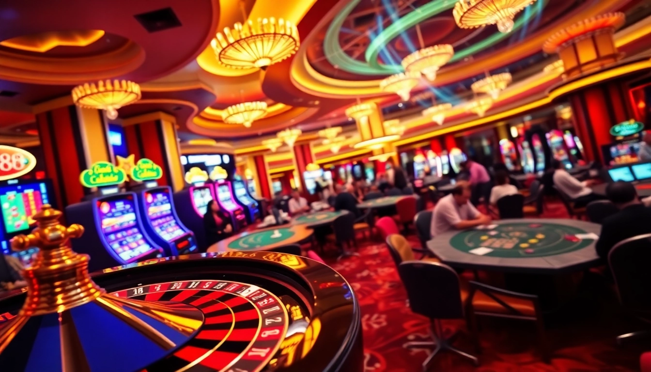 Experience exciting gameplay at go88 with dynamic casino scenes featuring roulette and poker tables.