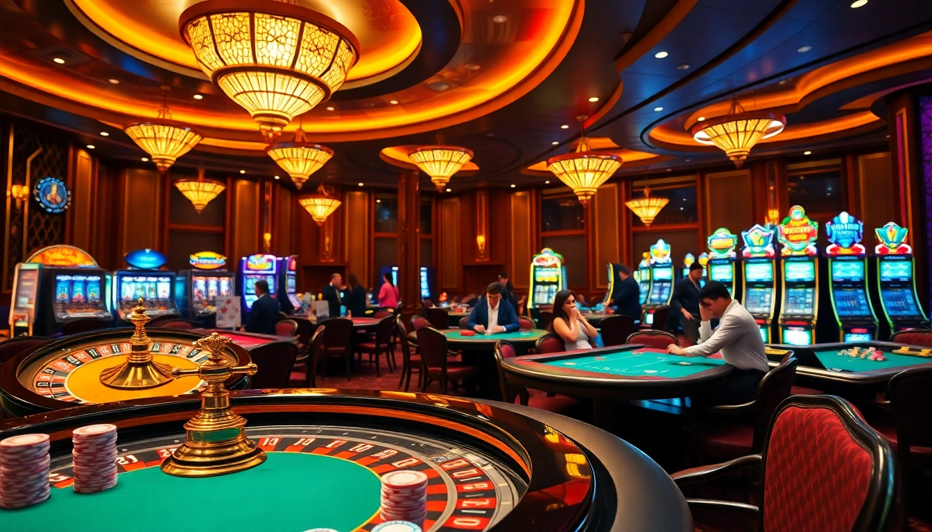 Players enjoying a thrilling casino experience with ONBET88 at the poker tables and roulette wheels.