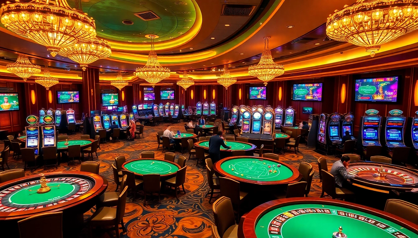 Excited players engaging at LV88 casino tables surrounded by luxury and vibrant games.