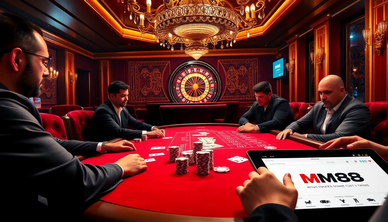 Engaging players at the MM88 poker table display excitement with vibrant chips and cards.