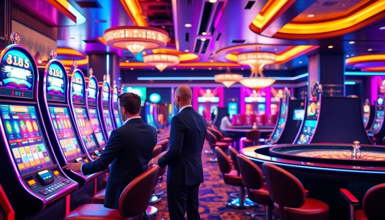 Players enjoying vibrant slot machines at 58win's luxurious casino.
