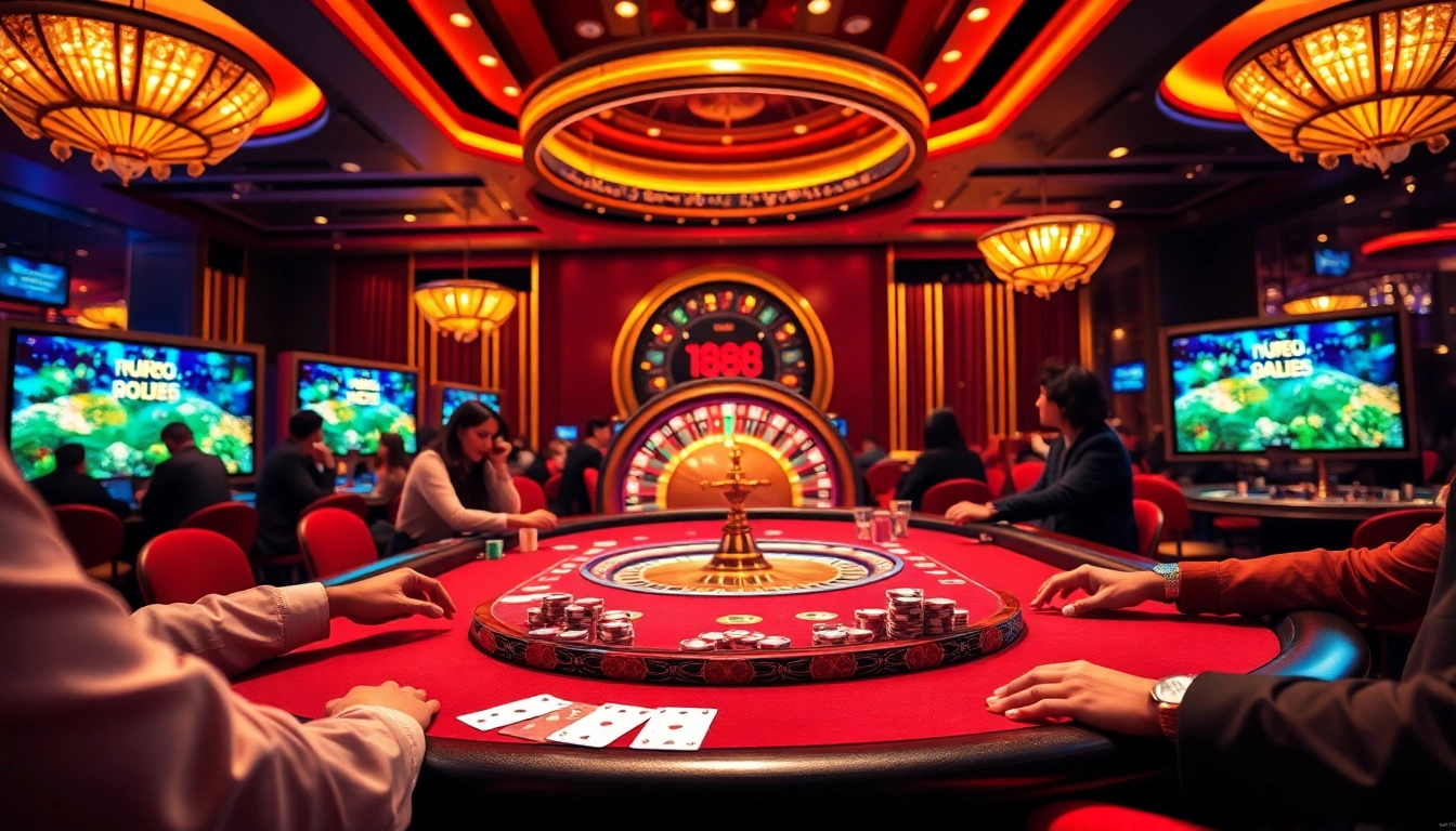 Engage with cm88 poker enthusiasts in a vibrant casino scene featuring a lively game table.