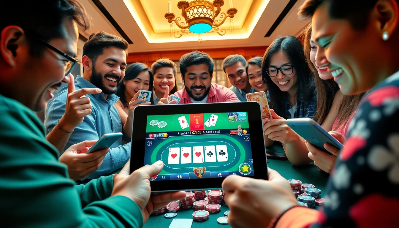 Vibrant online gaming scene representing topgamebaidoithuong.mx, featuring enthusiastic players engaged with cards and devices.