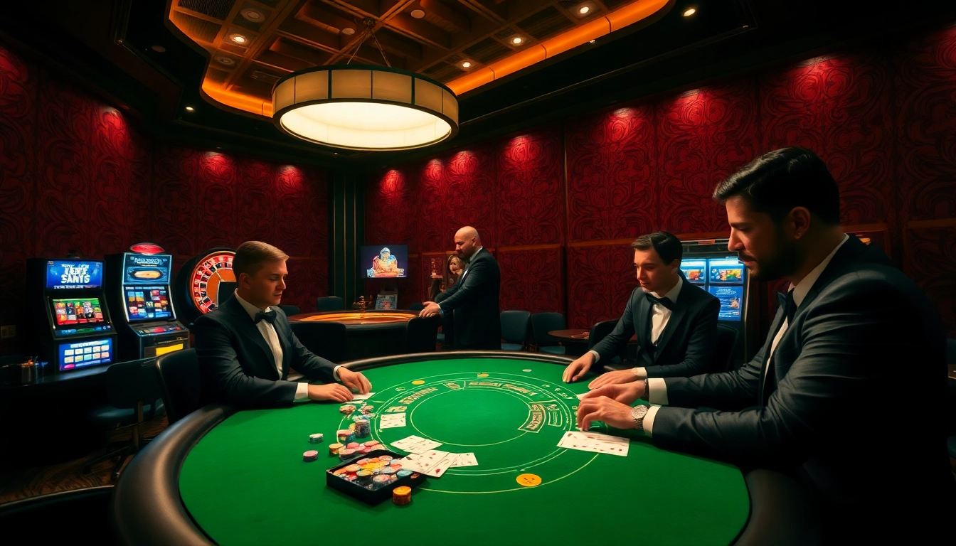 Enthusiastic gamblers playing at a luxurious SODO casino gaming table surrounded by vibrant casino elements.