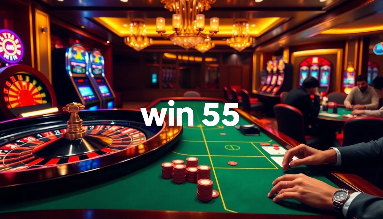 Experience thrilling gameplay at a luxurious casino with win 55 featured prominently on digital screens.