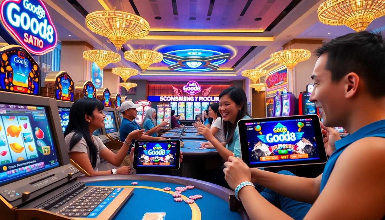 Discover the engaging world of online gaming at good88.hu.net with vibrant casino scenes and excited players.